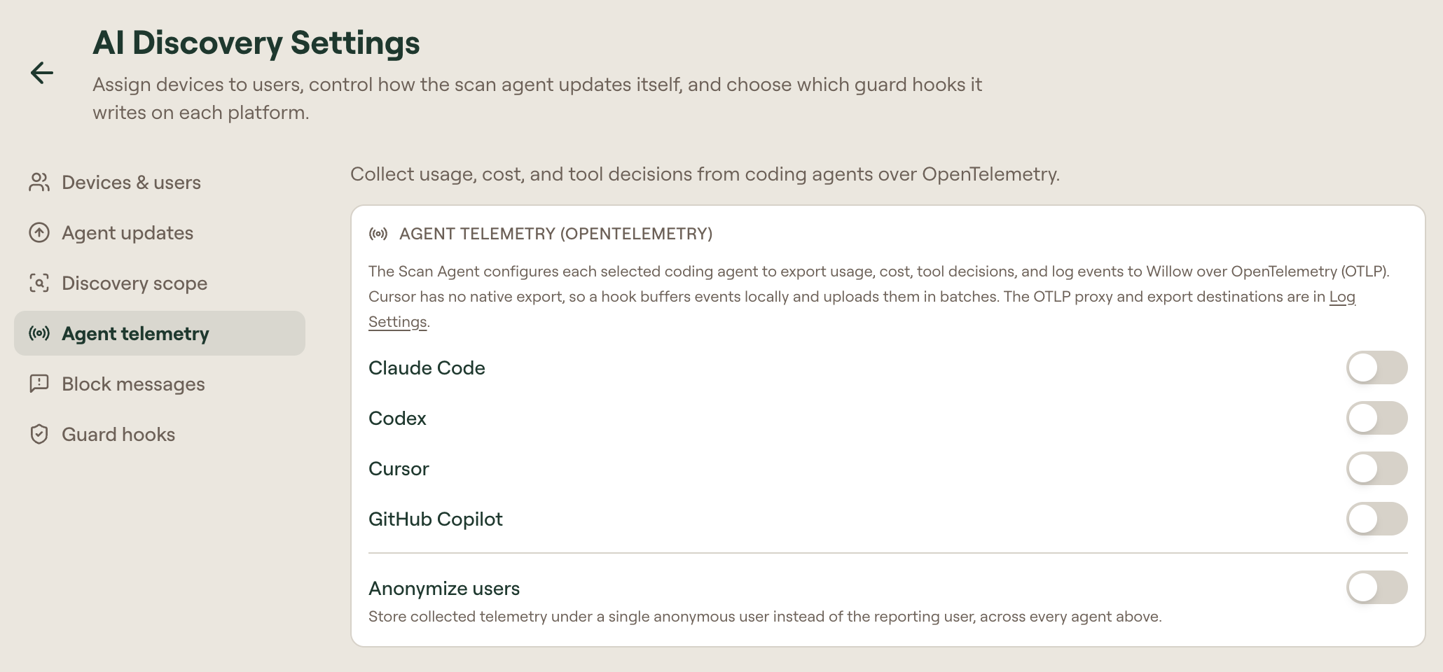 The Agent telemetry section of AI Discovery Settings with controls for Claude Code, Codex, Cursor, GitHub Copilot, and Anonymize users
