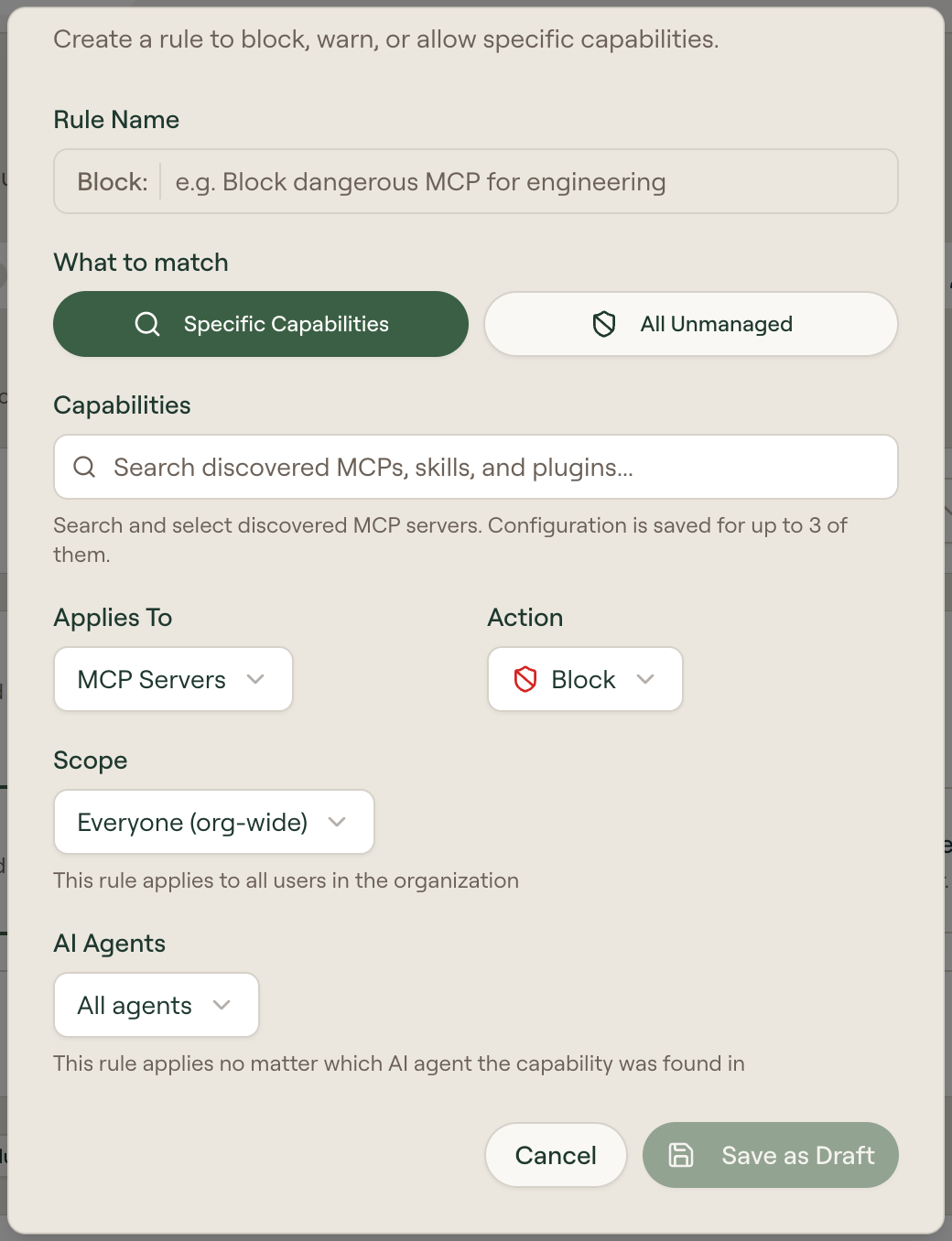 The Add Policy Rule dialog with Specific Capabilities selected and the Capabilities, Applies To, Action, Scope, and AI Agents fields