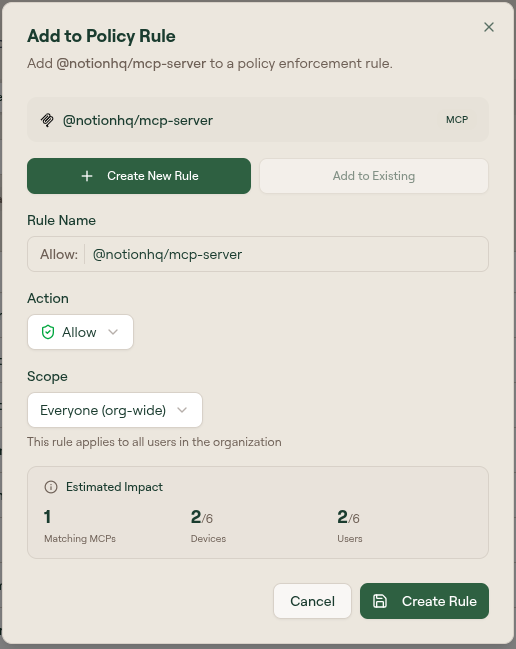 The Add to Policy Rule dialog for a discovered MCP server, with an Allow action and an estimated impact of 2 of 6 devices