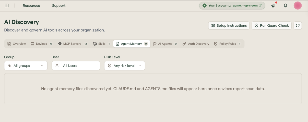 The Agent Memory tab with Group, User, and Risk Level filters above an empty state explaining that CLAUDE.md and AGENTS.md files appear once devices report scan data
