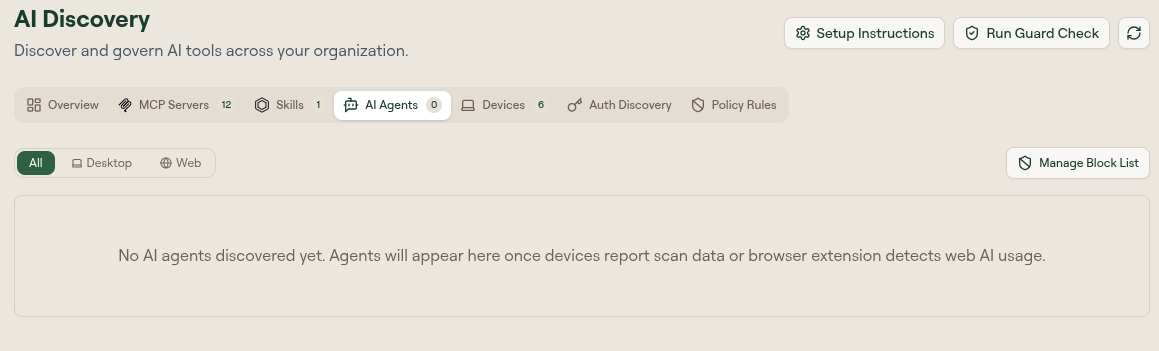 The AI Agents tab with All, Desktop, and Web filters, a Manage Block List button, and an empty state