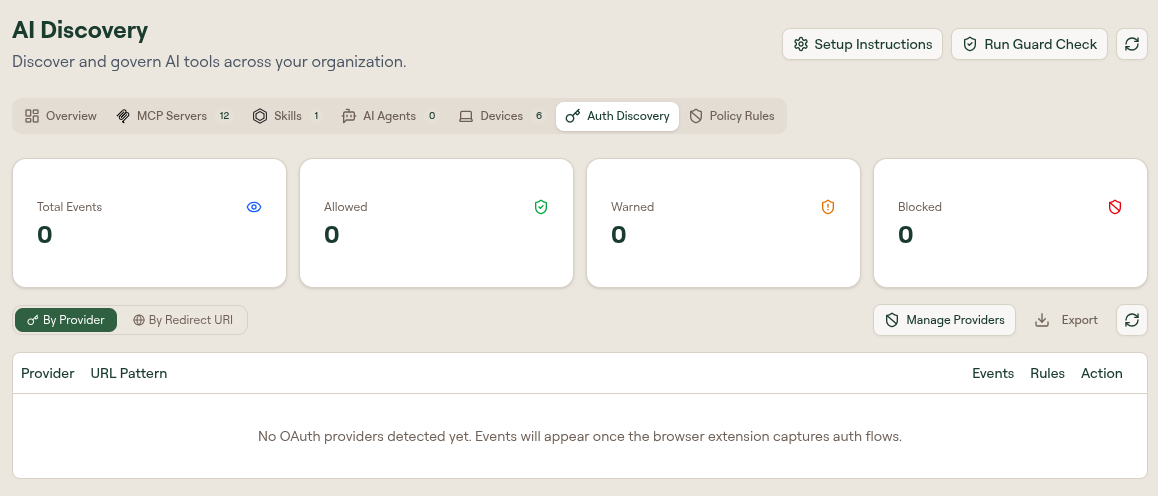 The Auth Discovery tab with Total Events, Allowed, Warned, and Blocked counters above an empty provider table