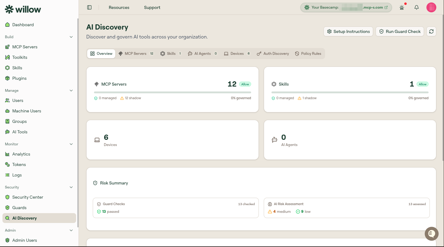 The AI Discovery dashboard on the Overview tab, showing MCP Servers and Skills cards with managed and shadow counts, Devices and AI Agents counts, and a Risk Summary panel