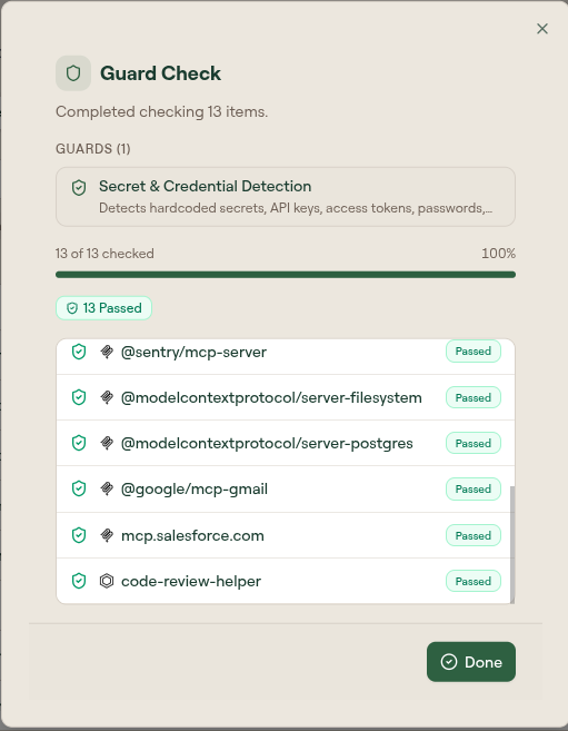 The Guard Check dialog after completing, showing 13 of 13 capabilities checked and all passed