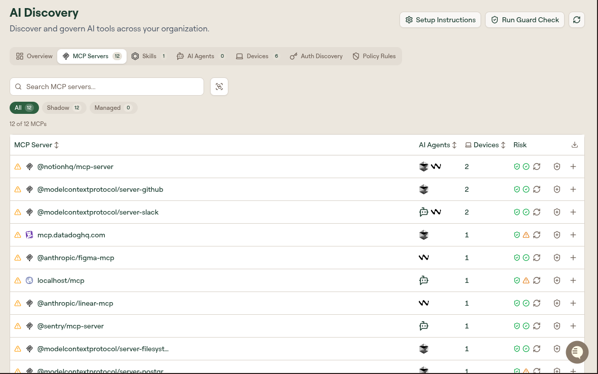 The MCP Servers tab, filtered to All, listing discovered servers with the AI agents and devices using each one