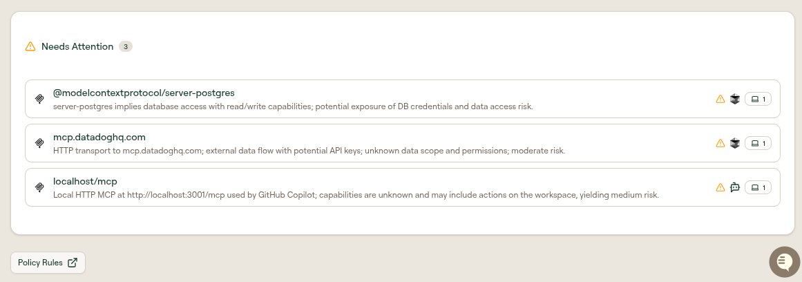 The Needs Attention panel, listing three MCP servers with a written explanation of the risk each one poses
