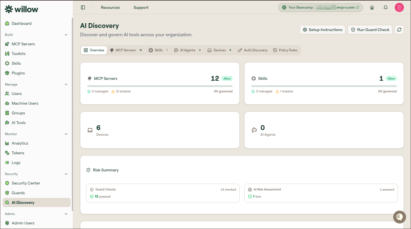 The AI Discovery Overview tab: MCP Servers and Skills cards with managed and shadow counts, Devices and AI Agents counts, and a Risk Summary panel