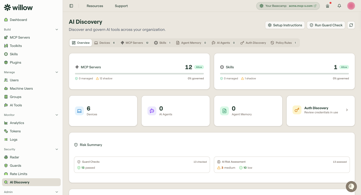 The AI Discovery Overview tab: the eight-tab bar, MCP Servers and Skills cards with managed and shadow counts, Devices, AI Agents, and Agent Memory counts, an Auth Discovery card, and a Risk Summary panel