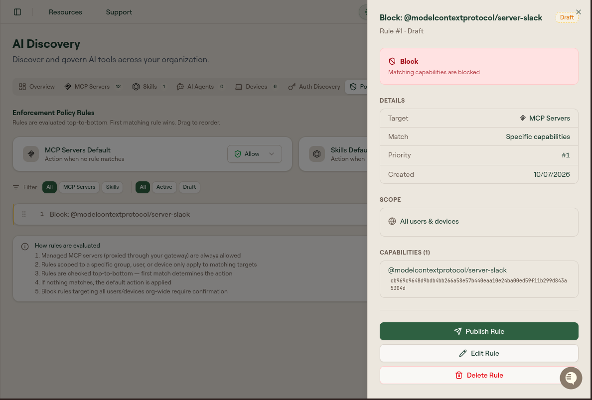 A draft rule's detail panel, showing its target, match type, priority, scope, capabilities, and the Publish Rule action