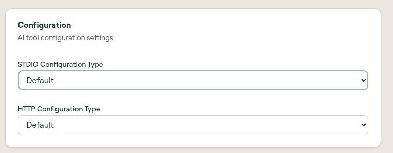 The Configuration card with STDIO Configuration Type and HTTP Configuration Type both set to Default