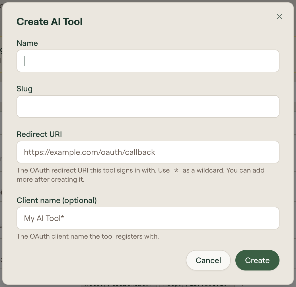Create AI Tool with Name, Slug, Redirect URI, optional Client name, and Create