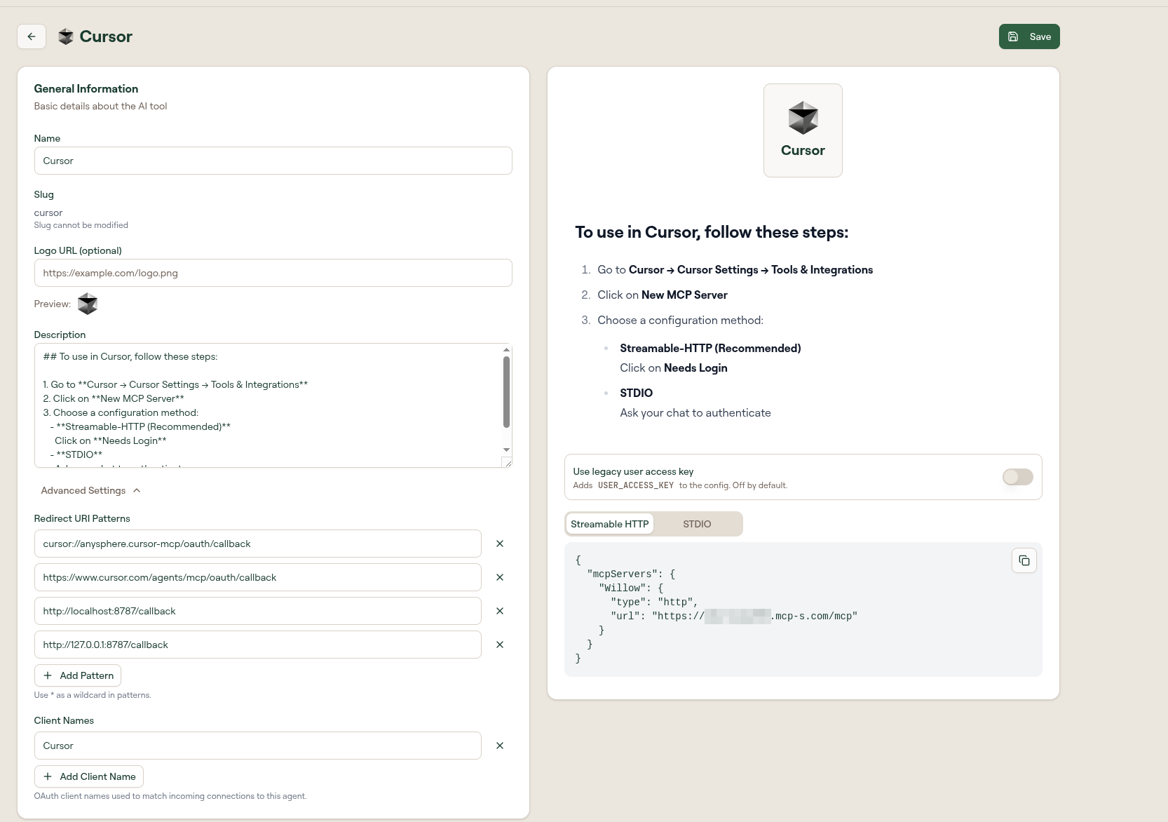 The Cursor AI tool configuration page: General Information and Advanced Settings on the left, the end-user setup preview and copyable config on the right