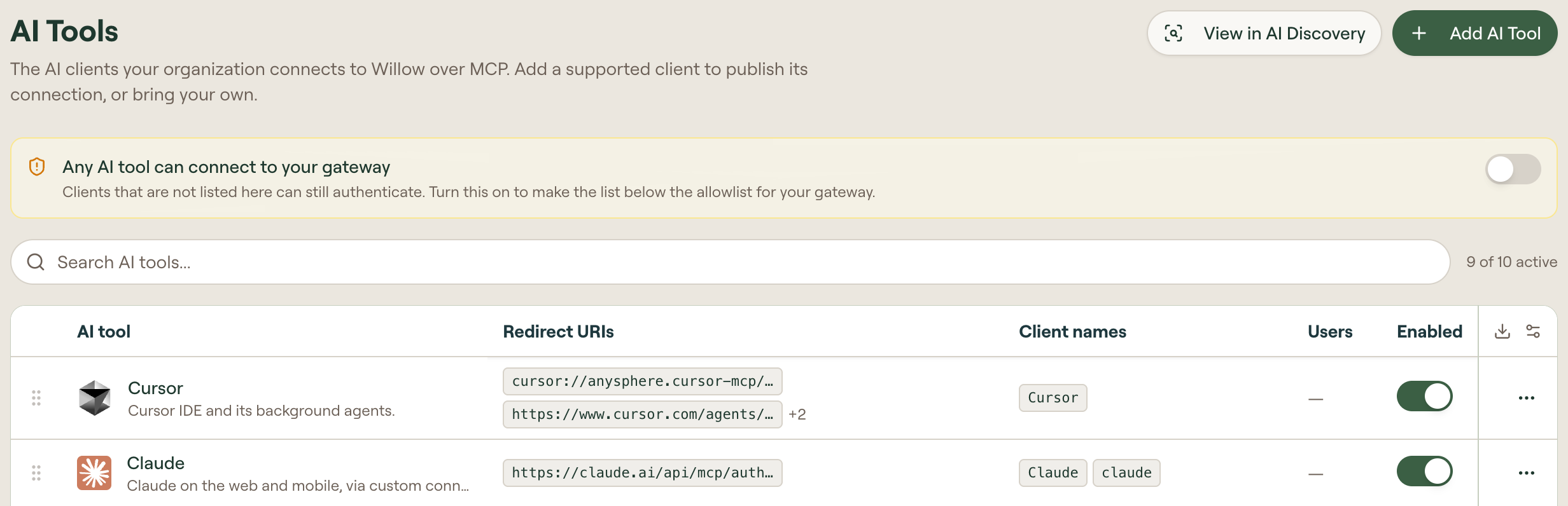 The AI Tools page, with the Any AI tool can connect to your gateway banner and the built-in AI tools, each with a user count and an enabled toggle