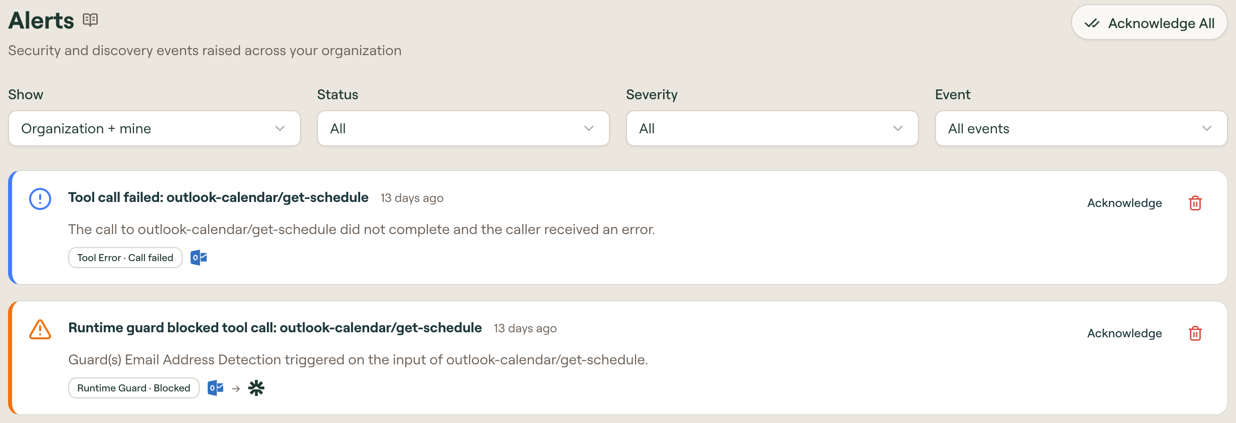 Alerts with Show, Status, Severity, and Event filters and two complete alert cards