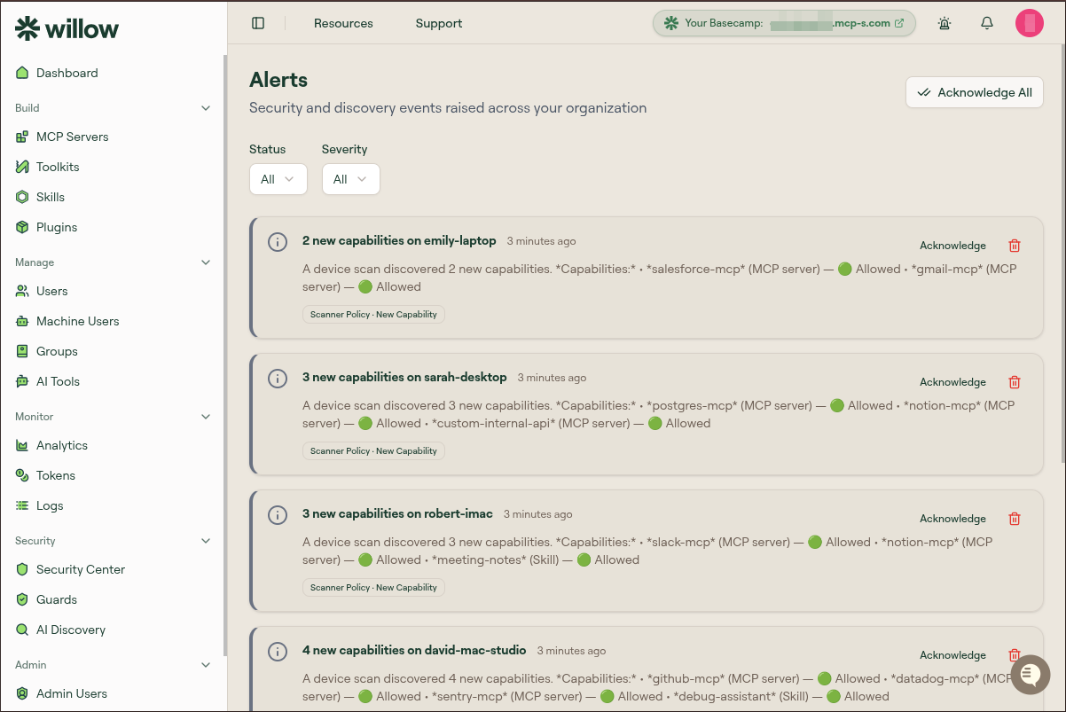 The Alerts page listing device-scan alerts, each with a Scanner Policy badge, an Acknowledge action, and a delete icon