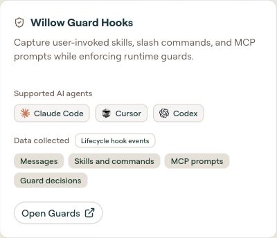 Willow Guard Hooks data-source card showing Claude Code, Cursor, Codex, collected events, and Open Guards