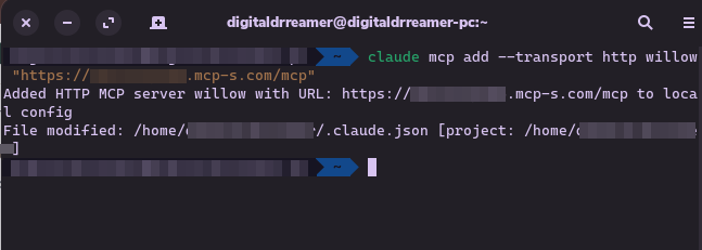 Claude Code terminal showing the mcp add command succeeding and the config file being updated