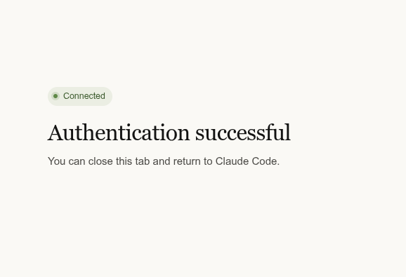 Browser showing "Authentication successful. You can close this tab and return to Claude Code."