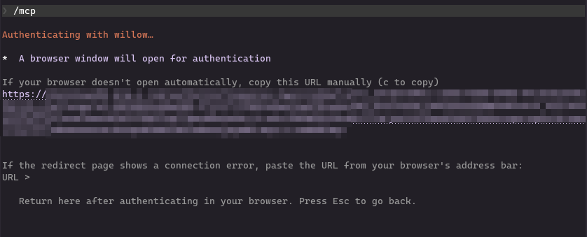 Claude Code displaying the OAuth URL and waiting for browser authentication