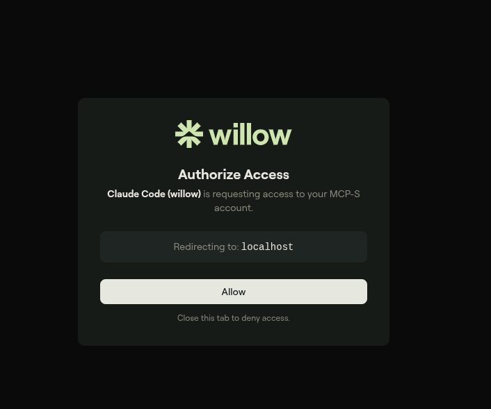 Browser showing the Willow Authorize Access screen with an Allow button