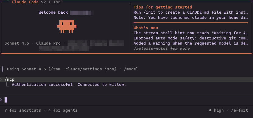Claude Code /mcp panel showing "Authentication successful. Connected to Willow."