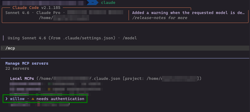 Claude Code /mcp view showing the willow server listed with a "needs authentication" warning