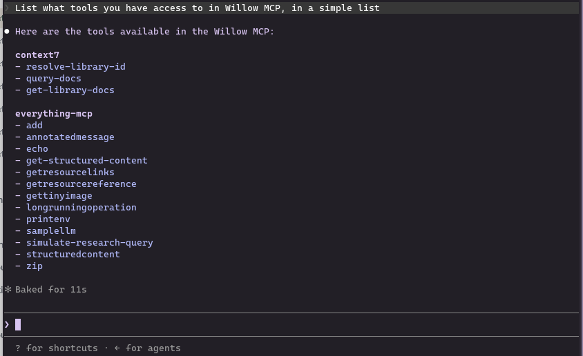 Claude Code listing the tools available through the Willow MCP connection, grouped by server