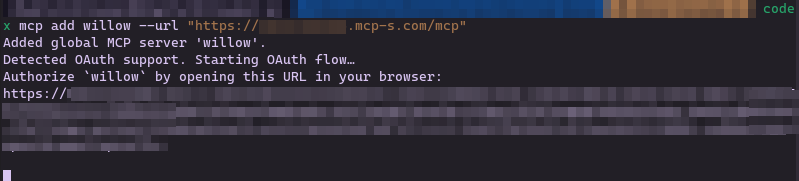 Codex terminal showing mcp add command, server added, OAuth detected and auth URL provided