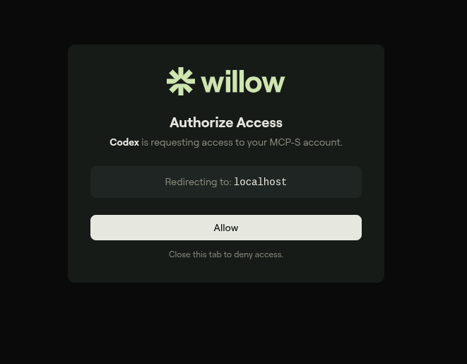 Willow Authorize Access page showing Codex is requesting access with an Allow button