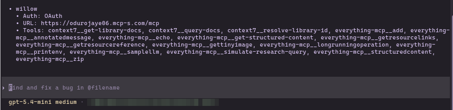 Codex TUI /mcp output showing the Willow server with OAuth auth, URL, and full tools list