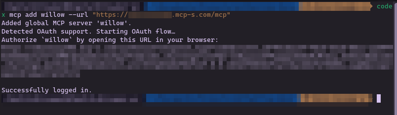 Codex terminal showing Successfully logged in