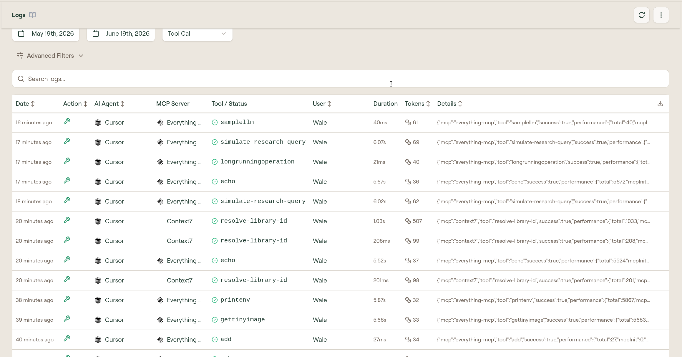 Willow Logs showing successful Cursor tool calls through MCP