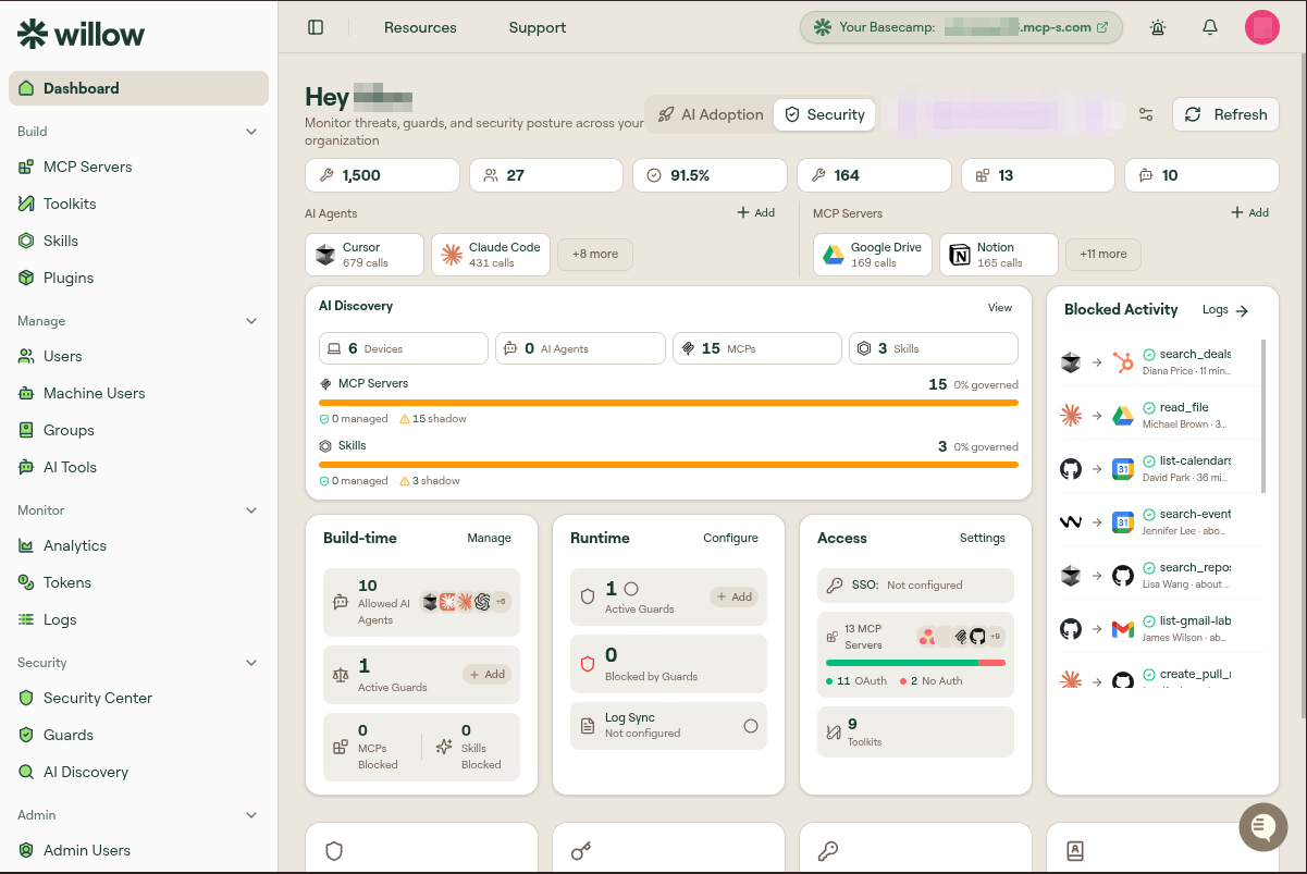 The Security tab: AI Discovery governance summary, blocked activity, and Build-time, Runtime, and Access cards