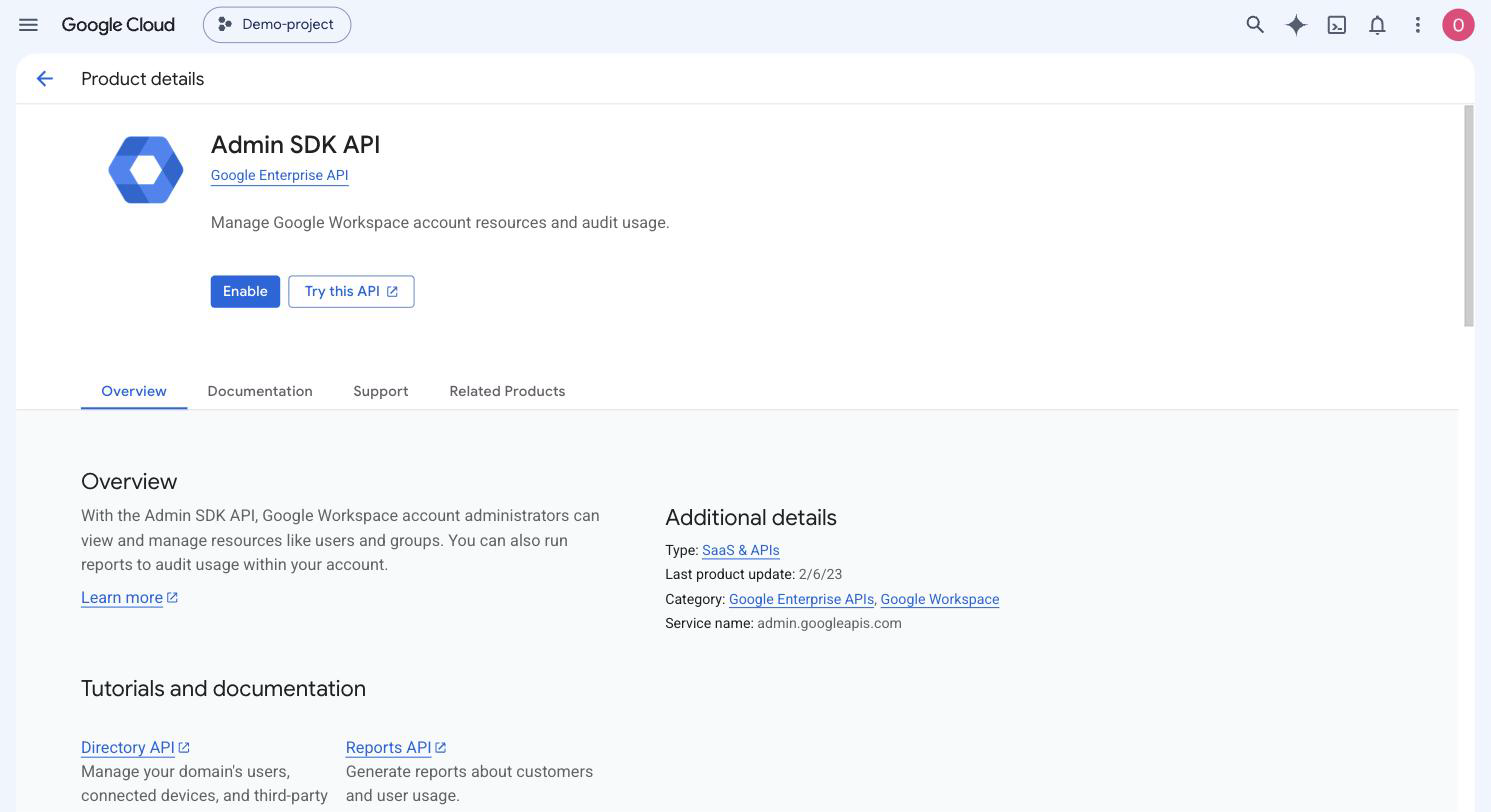 The Admin SDK API page in the Google Cloud API Library