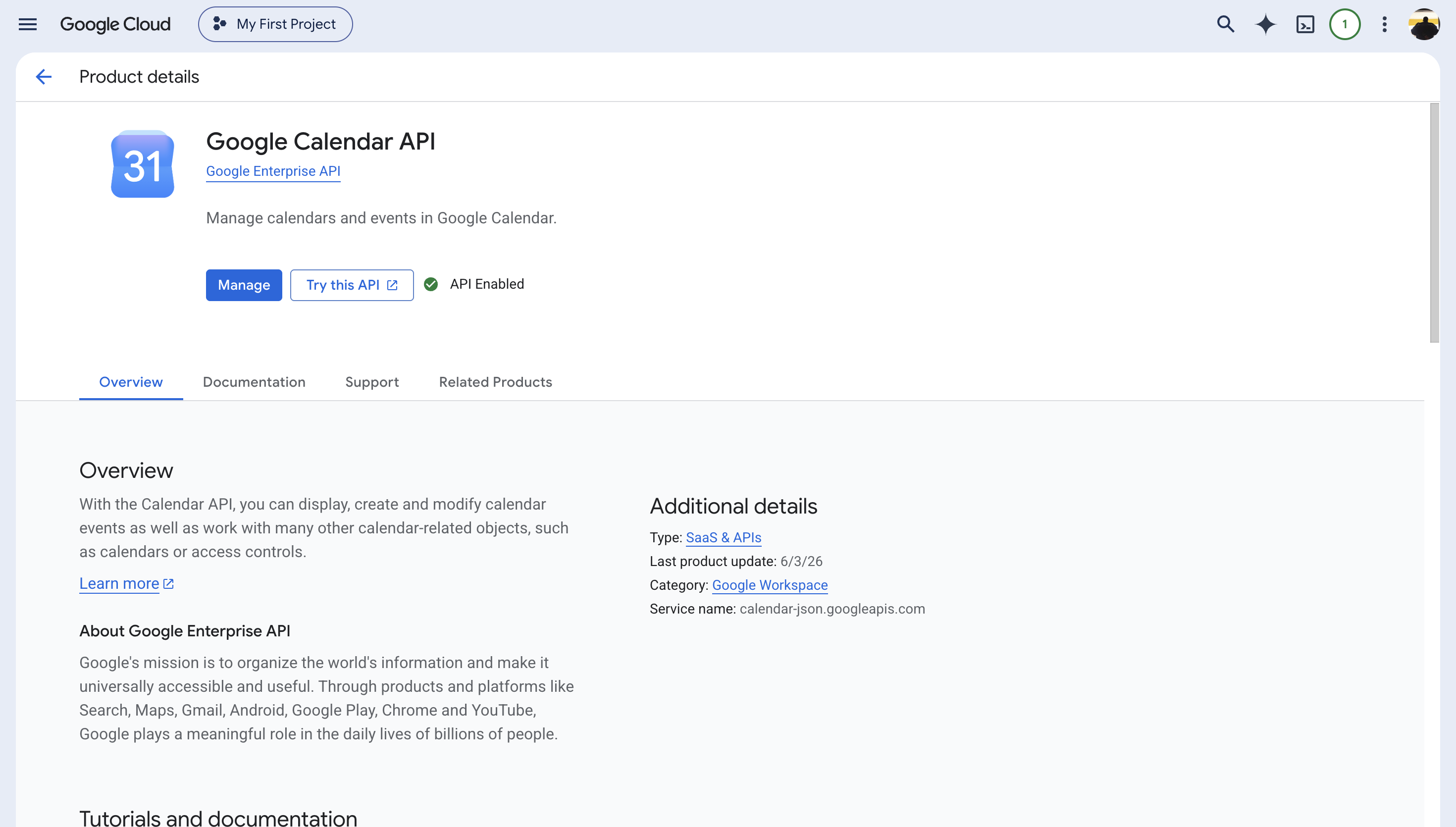 The Google Calendar API page in the Google Cloud API Library