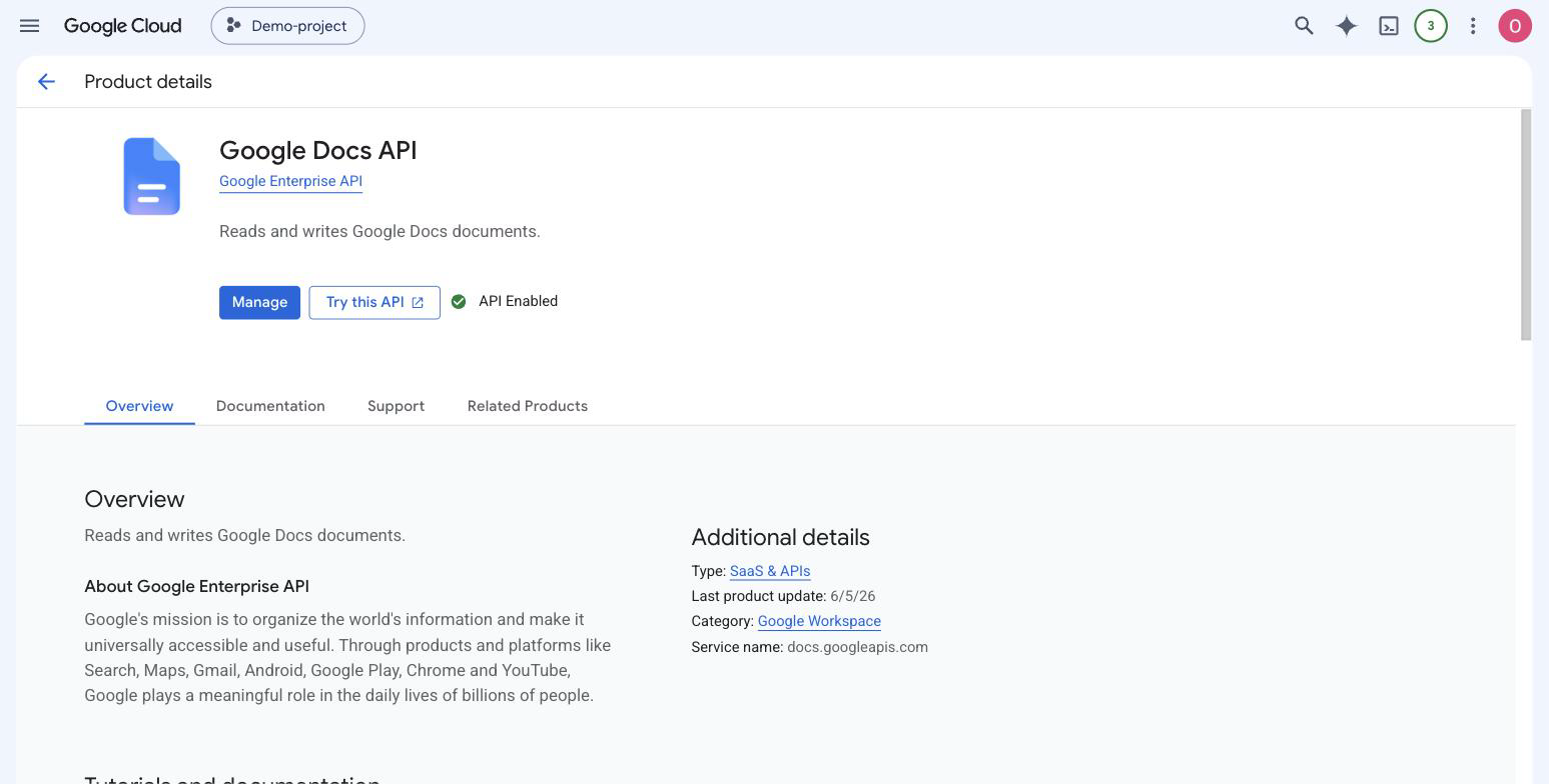 The Google Docs API page in the Google Cloud API Library showing API Enabled
