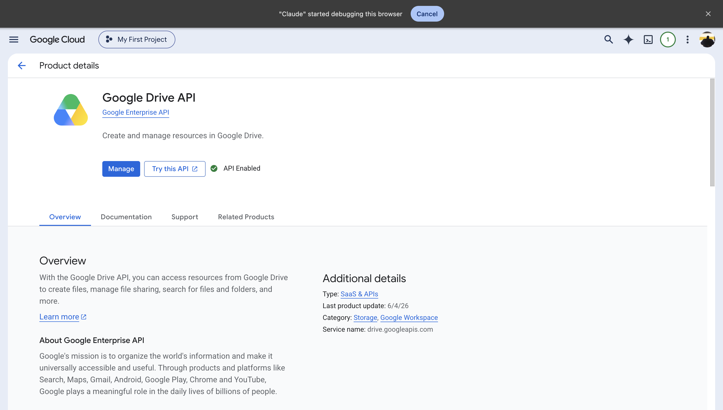 The Google Drive API page in the Google Cloud API Library