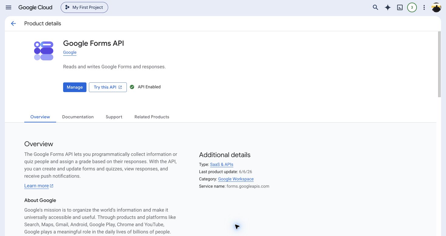 Google Cloud API Library showing the Google Forms API enabled