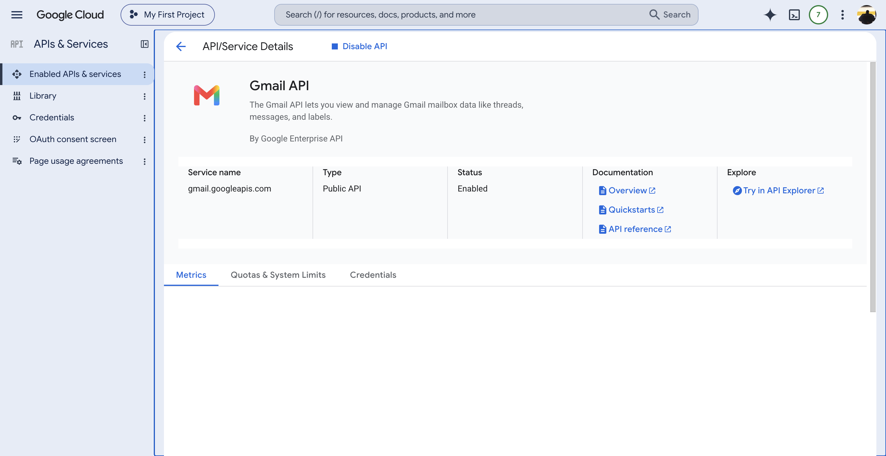 The Gmail API page in the Google Cloud API Library