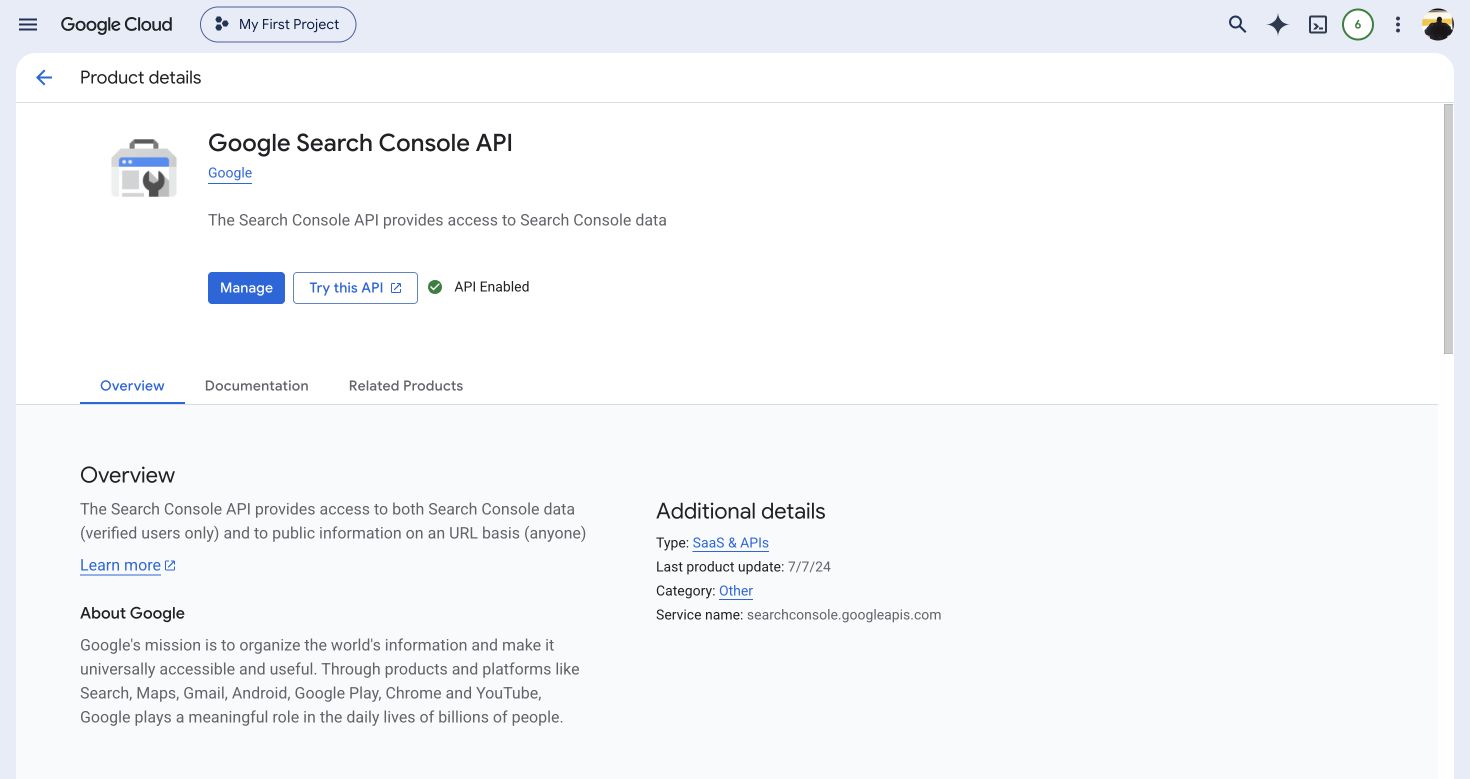 The Google Search Console API page showing API Enabled in the Google Cloud API Library