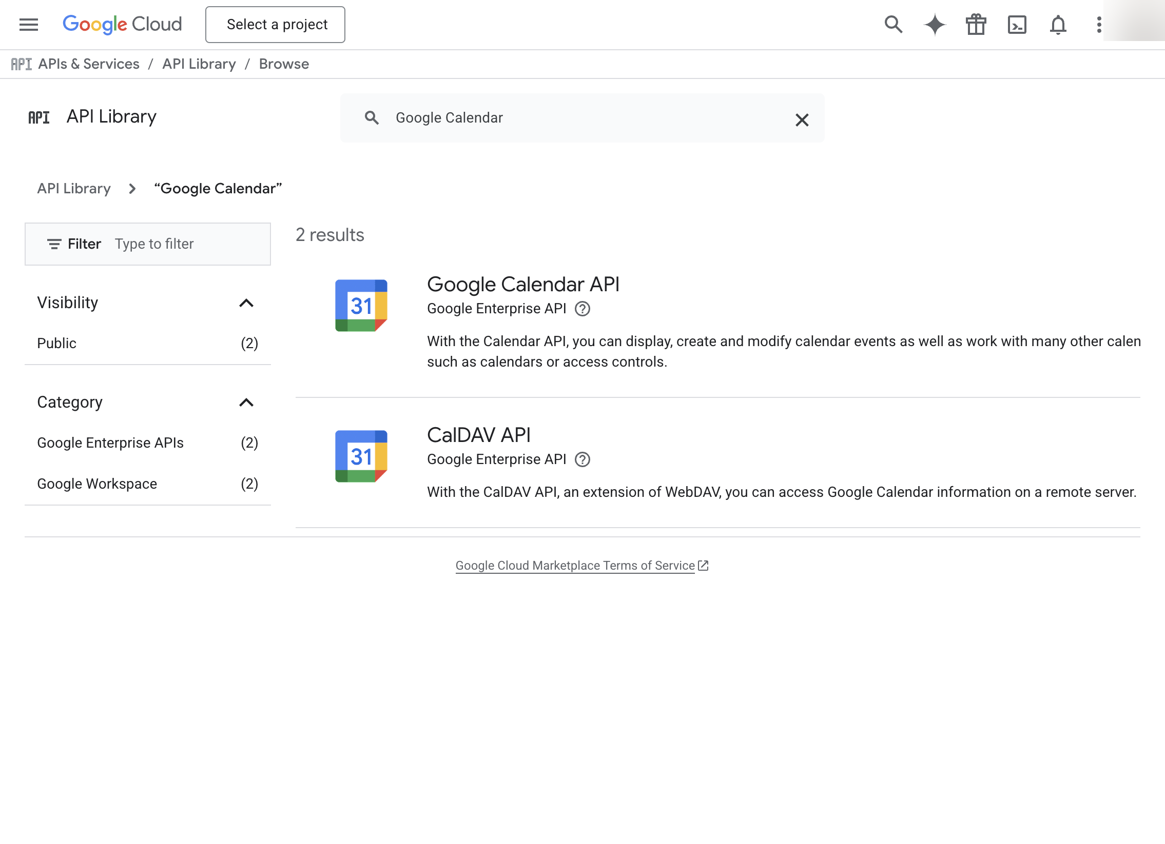 Google Cloud Console - API Library