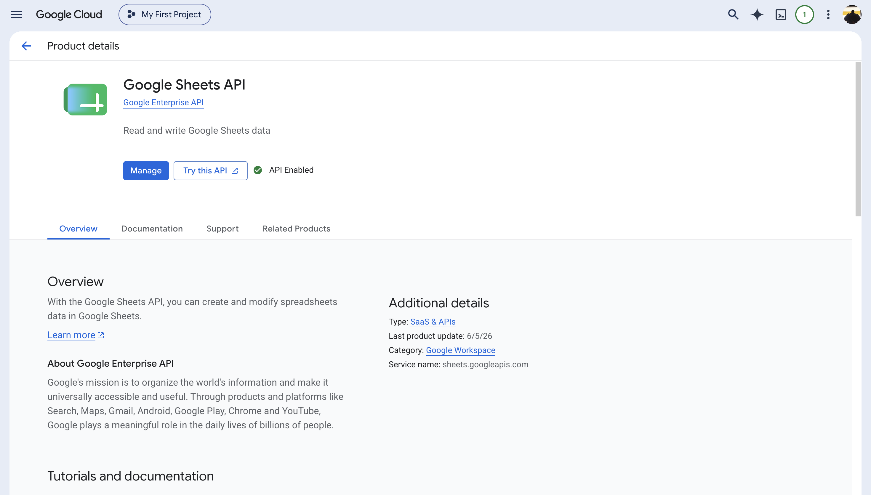 The Google Sheets API page in the Google Cloud API Library