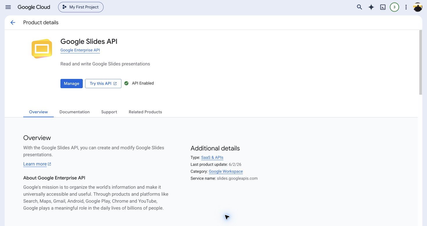 Google Cloud API Library showing the Google Slides API enabled
