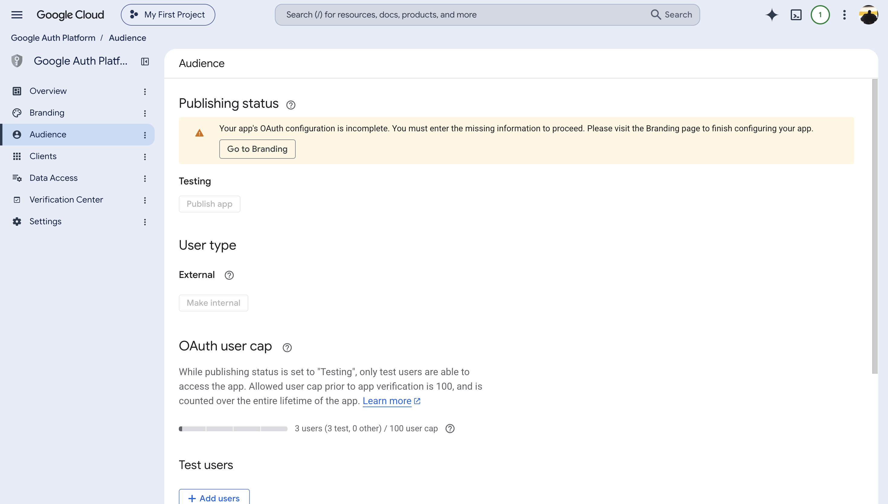 Example External app in Testing with an incomplete Branding warning and Publish app disabled