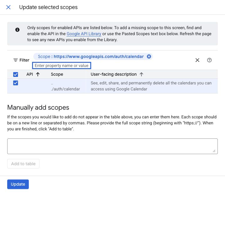 The Google Auth Platform scope picker filtered to the full-access Google Calendar scope