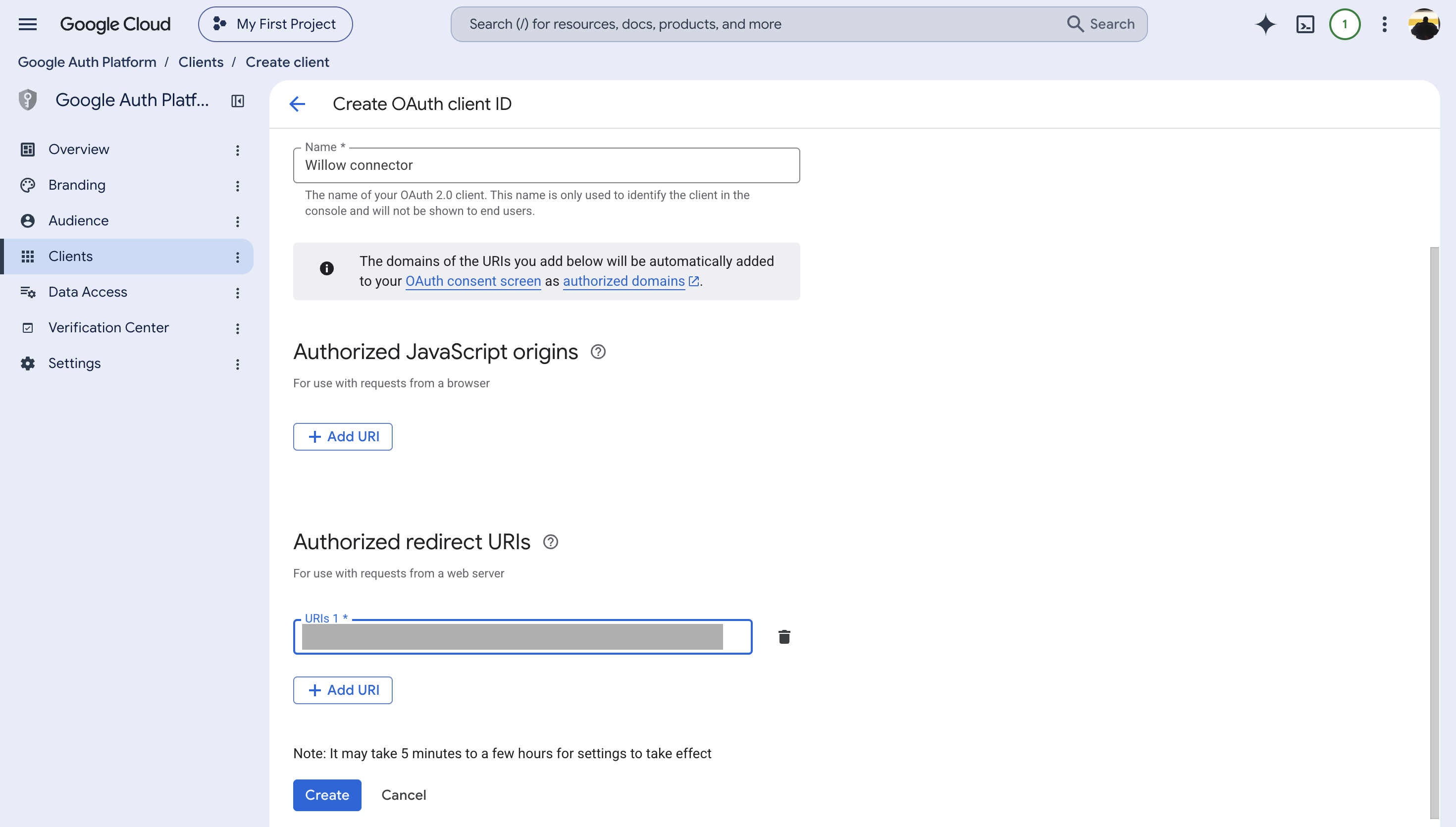 Google Auth Platform client creation page showing the Authorized redirect URIs field