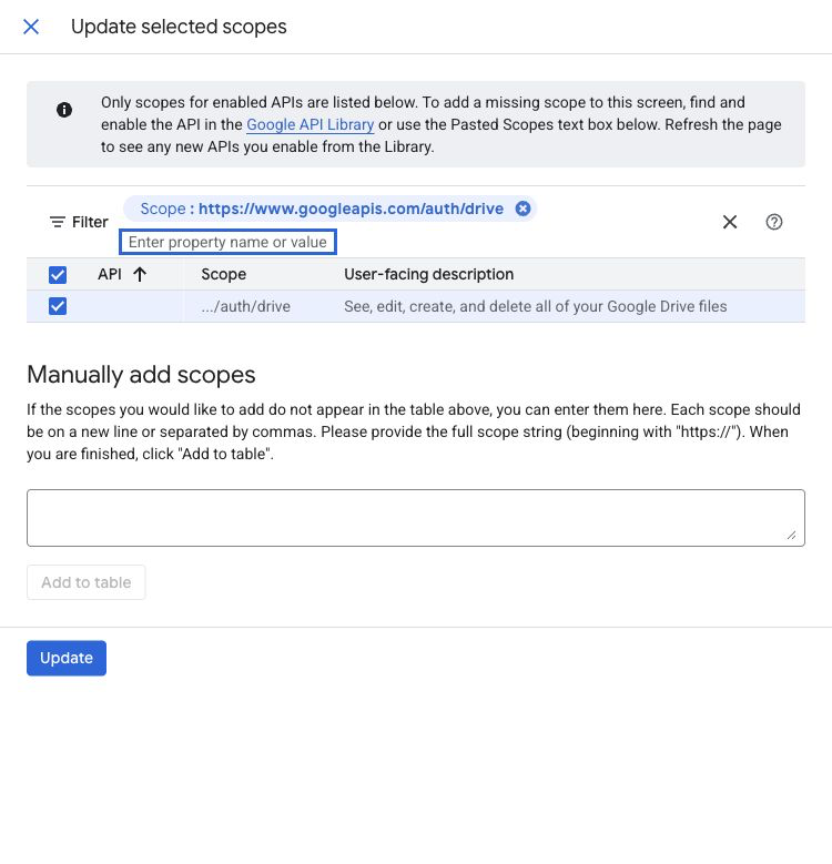 The Google Auth Platform scope picker filtered to the full-access Google Drive scope