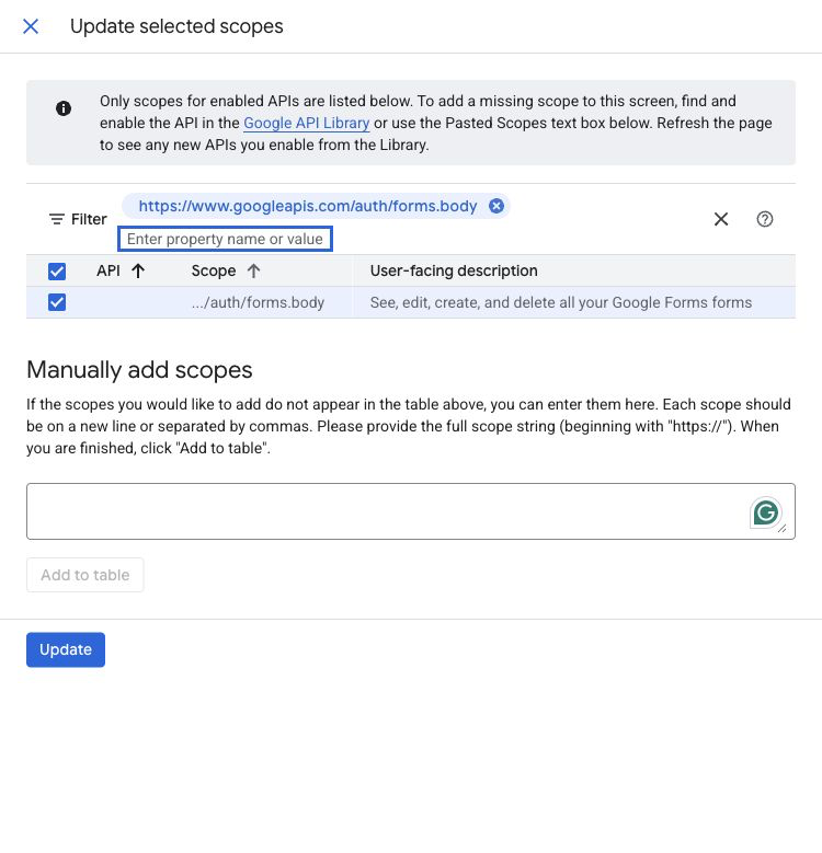 Google Auth Platform scope picker filtered to the forms.body scope