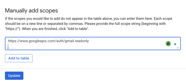 The manual scope entry area with the Gmail read-only scope ready to add