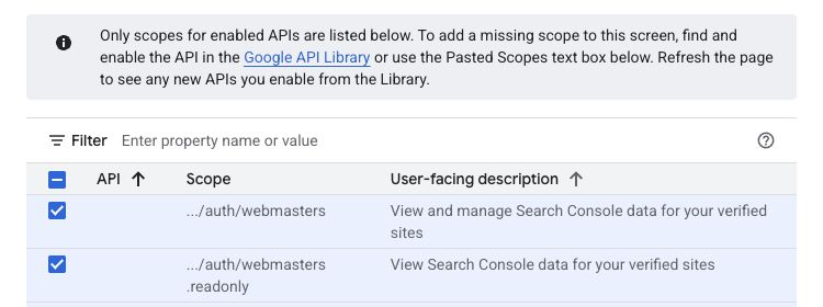 Google Auth Platform scope picker showing webmasters and webmasters.readonly selected in this example